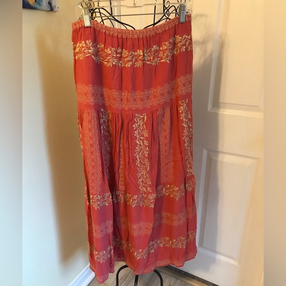 Hale Bob Regan Maxi Skirt Embroidered Rayon Crinkle Gauze Sz. Small Coral & Gold - Picture 6 of 14